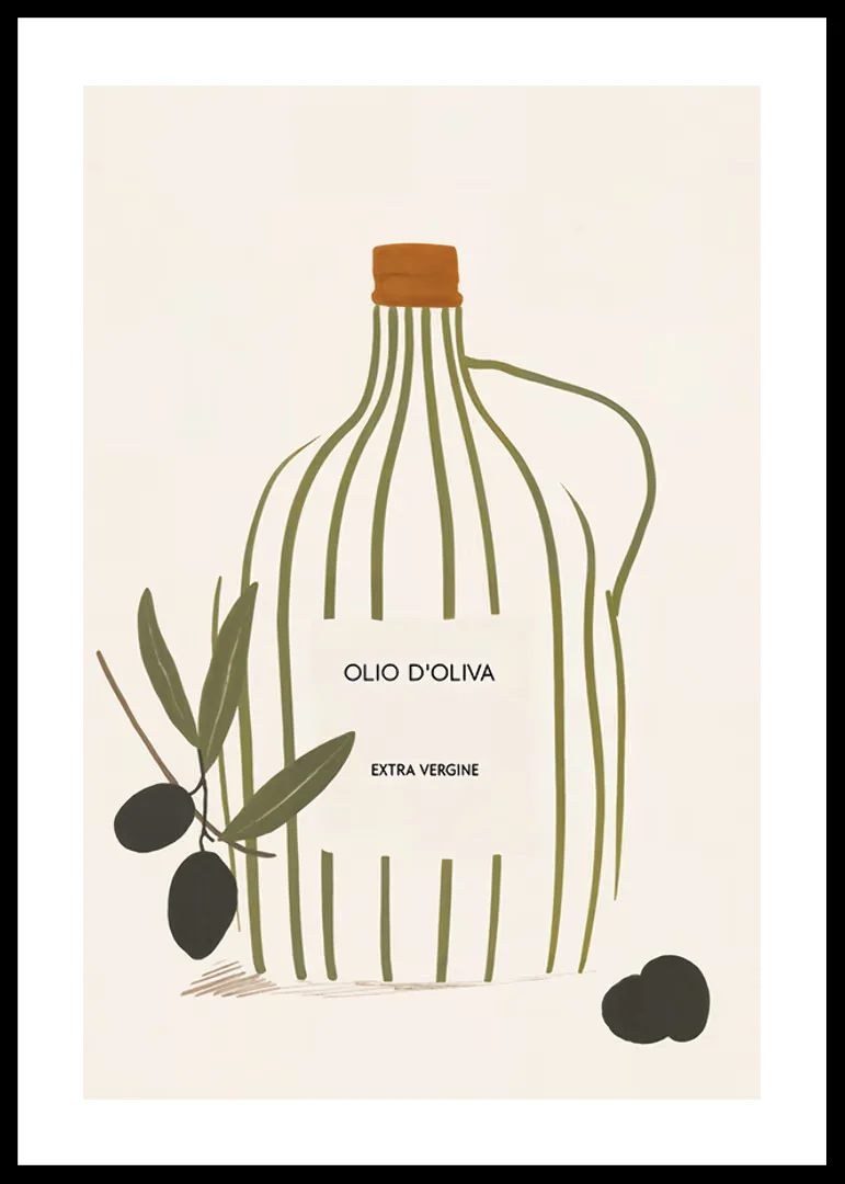 Minimalist Olive Oil Bottle Canvas Wall Art Print Poster, Vintage Italian Olive Branch Wall Decor for Kitchen Dining Room Home