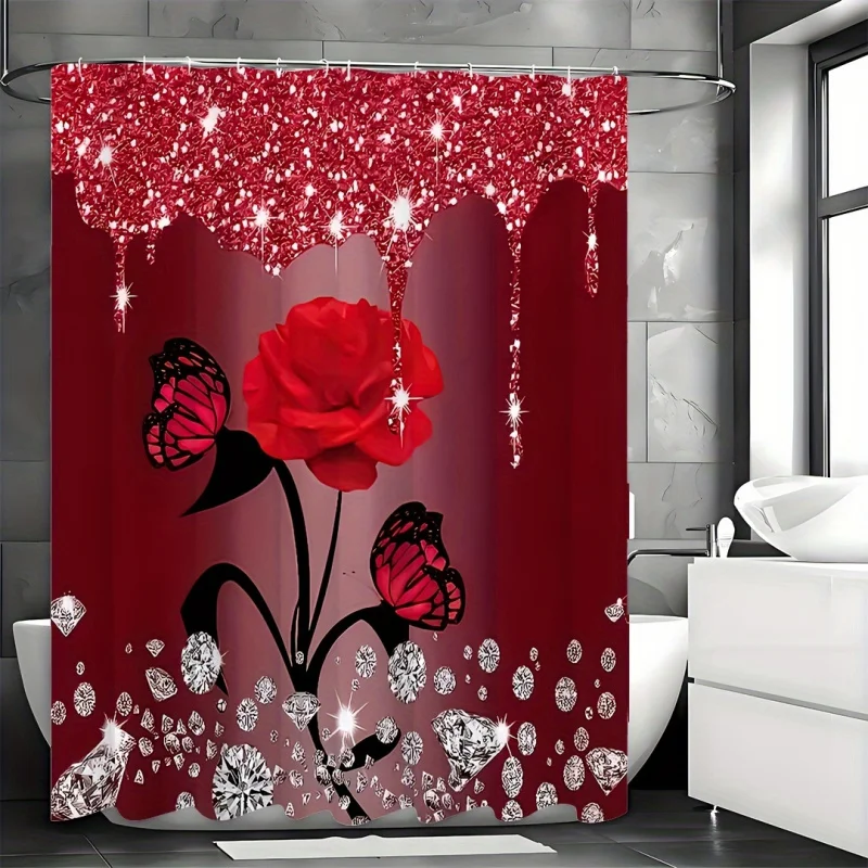 Chic Red Diamond Butterfly & Rose Shower Curtain Set - Waterproof, Includes Hooks, Machine Washable - Perfect for All Seasons Ba