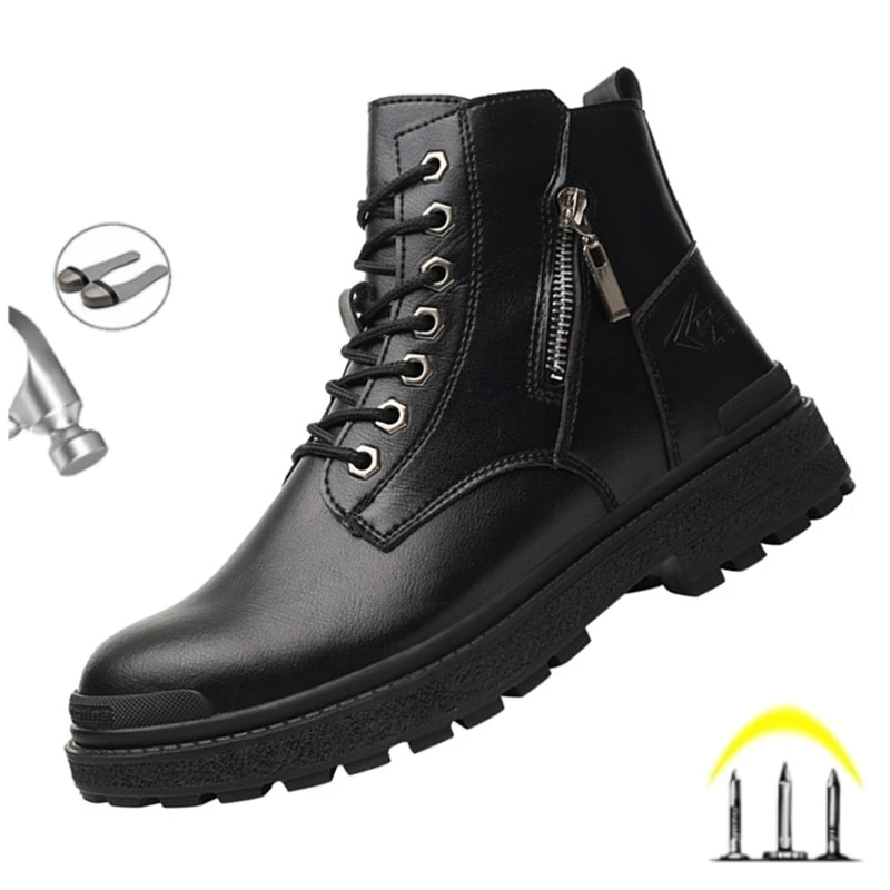 

New 2024 Fashion Black Leather Men Work Safety Boots Zip Ankle Indestructible Steel Toe Cap Anti Smashing Shoes Male Footwear