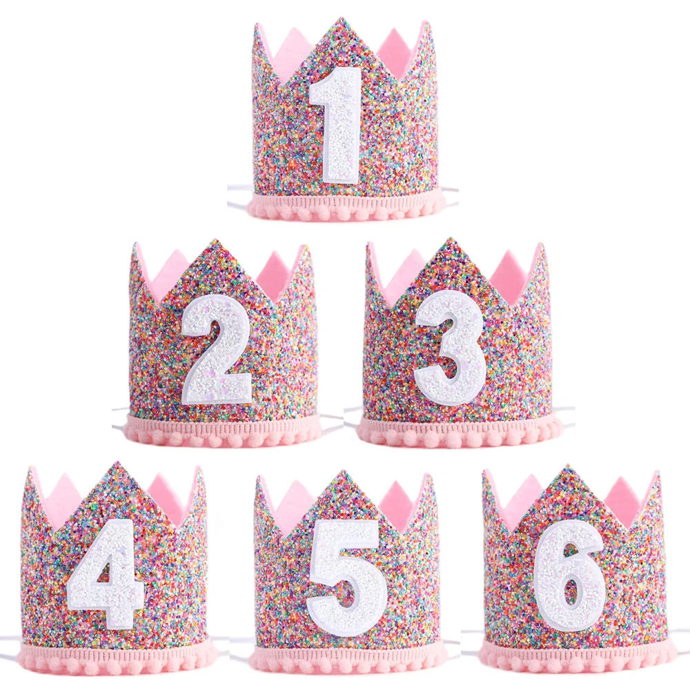 Pink Princess Crown Baby Birthday Party Hat Half Year Old 1st 2nd 3rd Birthday Headband Baby Shower Children Party Decorations