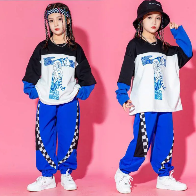 

Детская модная одежда в стиле хип-хоп, свитшот, топы, синие повседневные джоггеры, спортивные брюки для девочек и мальчиков, уличная одежда, костюм для джазовых танцев, одежда