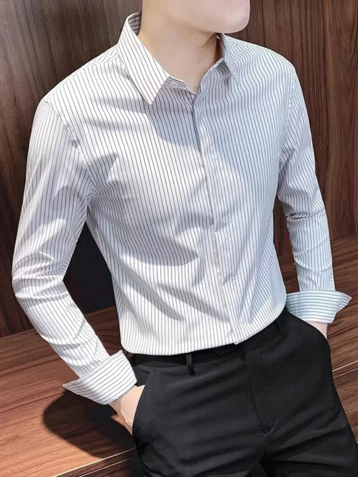 

Casual Striped Men's irt Long Sve Slim Fit Iron Free Trendy Workwear Button Design Versatile Spring Autumn Winter Faion