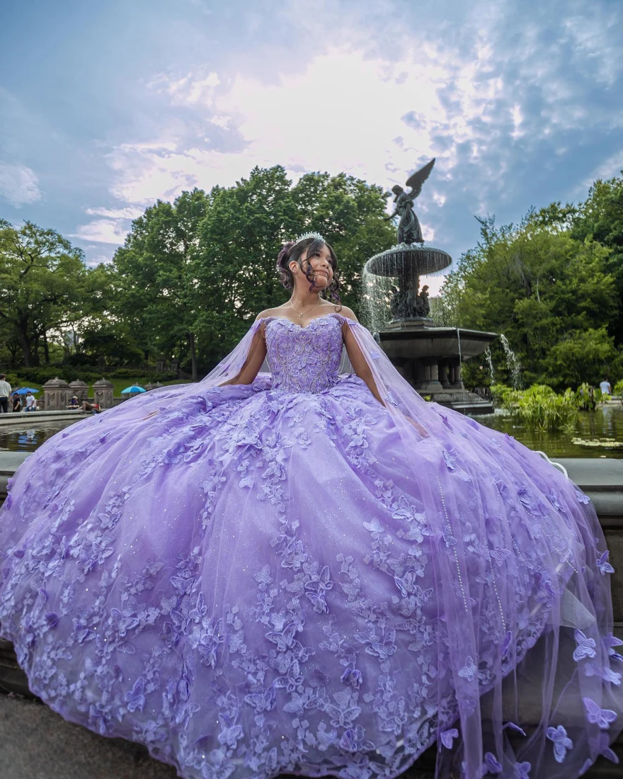 Lorencia-vestido De Quinceañera De México, traje morado con lentejuelas, apliques De flores, dulce 16, YQD59, 2024