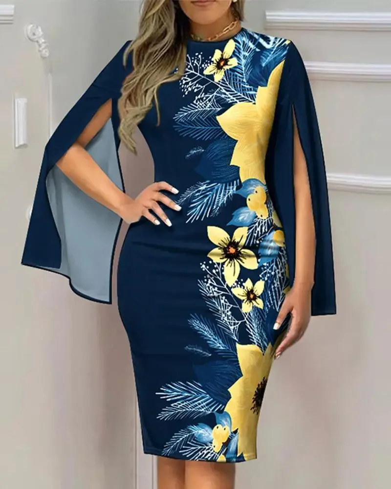 Damenkleid mit V-Ausschnitt, ausgestellten Ärmeln und geometrischem Golddruck, figurbetontes Midikleid, elegantes, schmales Outfit für Teepartys und formelle Anlässe – Detail 20