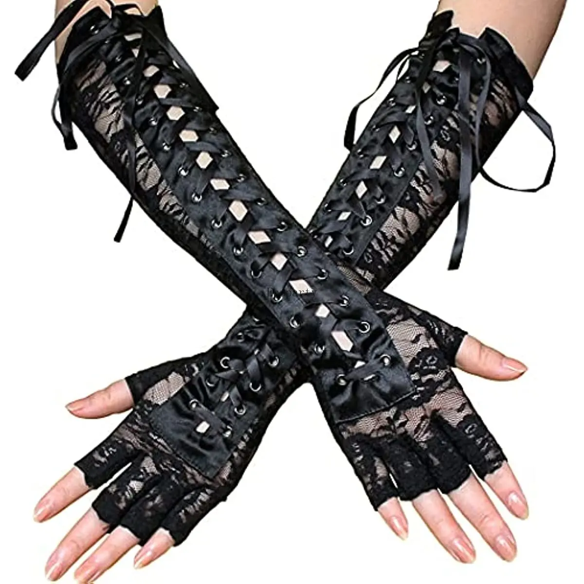 Fingerless Lace Up Gloves Black Elbow Glove Steampunk Gloves Stretchy Costume Party Accessories for Women and Girls Accessories