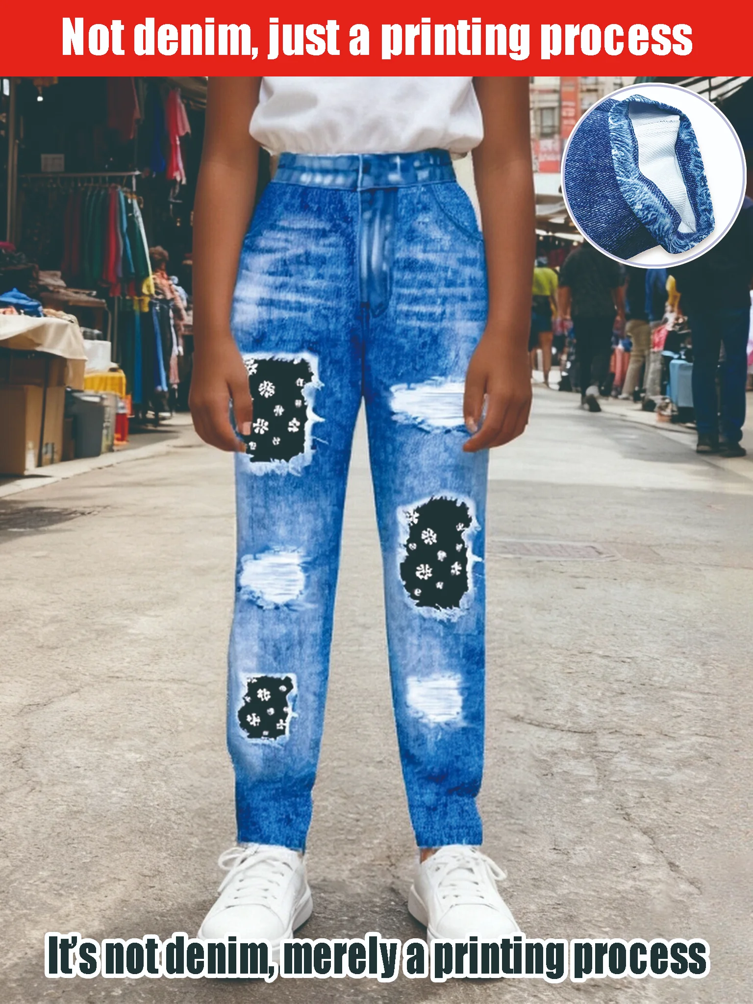 

2025Girls Fashion Y2K Casual Street Style, Imitation Hole Loose Elastic Waist, Flower Printed Patchwork Imitation Denim Trousers