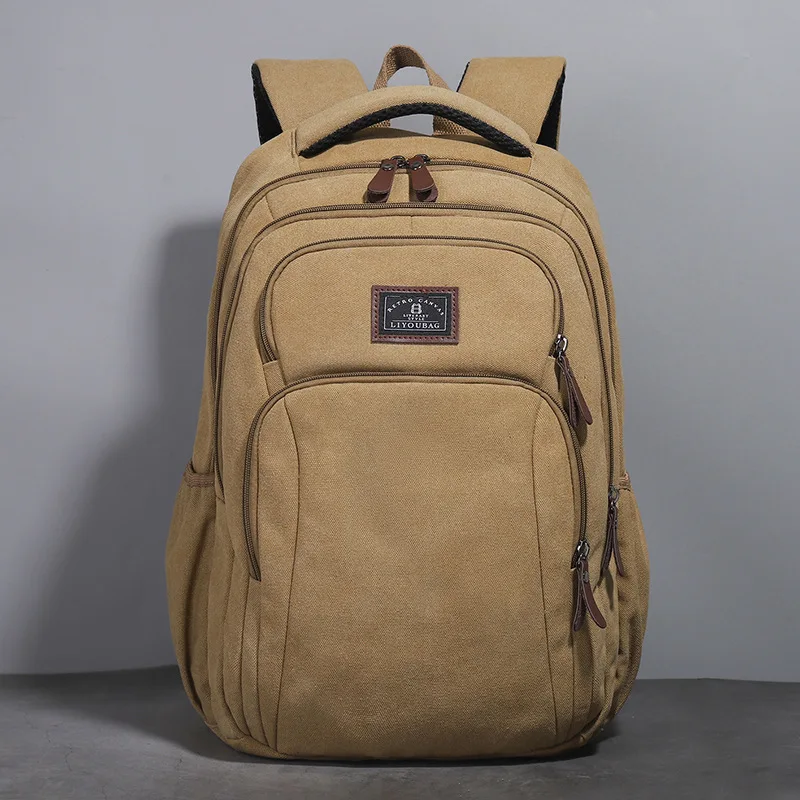 Wear-resistant canvas multi-layer large-capacity men's backpack, 16-inch travel computer bag, student schoolbag