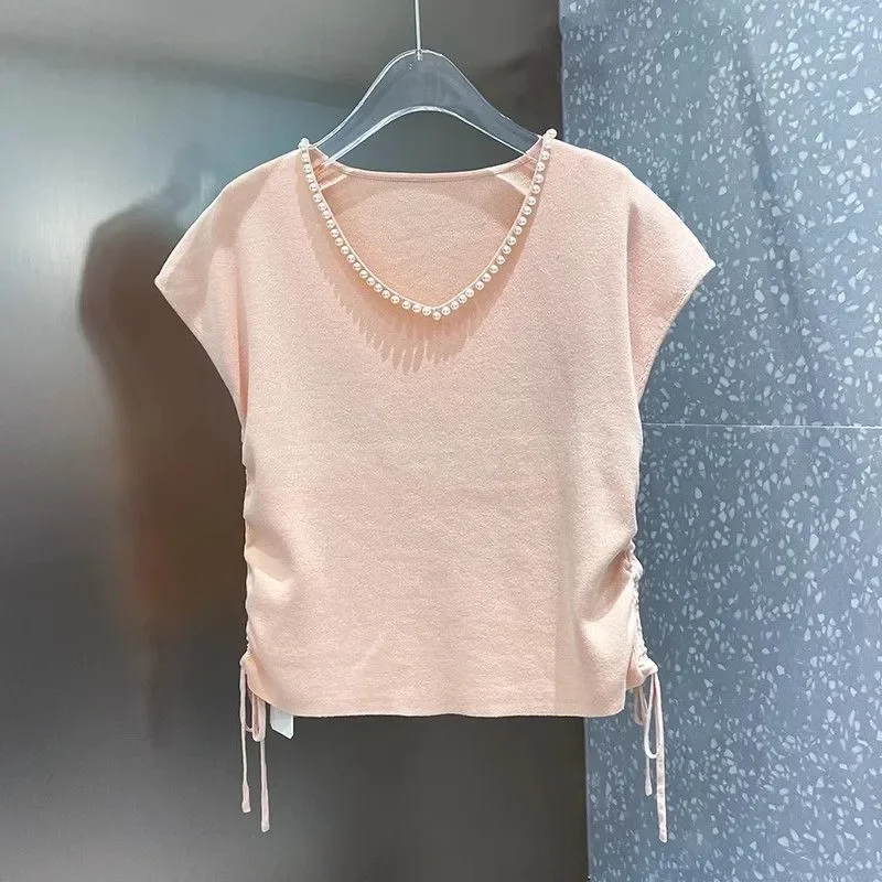 

Drawstring Waist Cinching Slimming Ice Silk Knitted Sweater for Women in Summer V-neck Pearl New Stylish T-shirt Chic Top