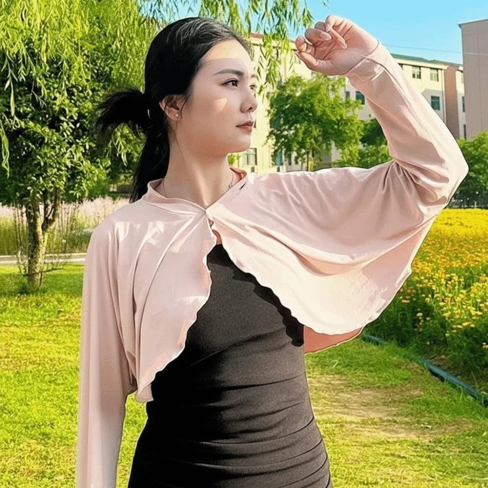 

Solid Color Summer Sunscreen Shawl Sunshade Cloak Long Sleeve Ice Silk Cape Thin Crop Top Sun Protection Clothing Sports