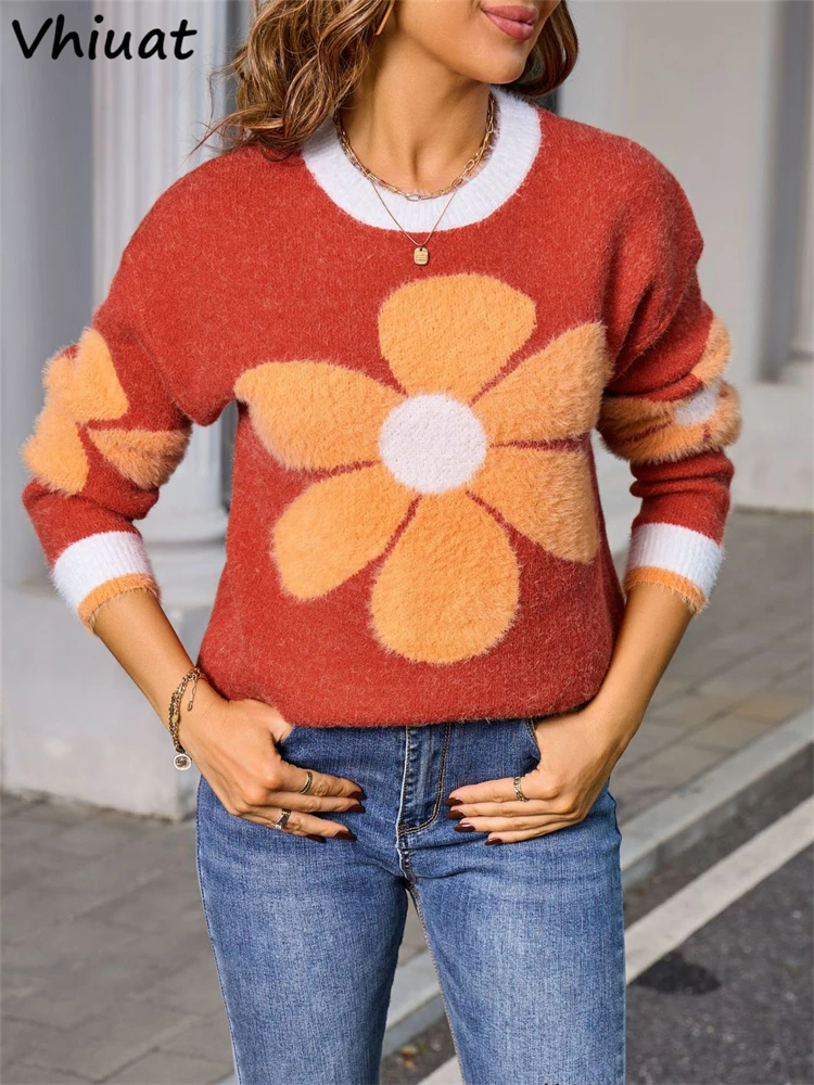 

Vhiuat 2025 базовые короткие плюшевые свитера с принтом для женщин, милые вязаные осенне-зимние теплые модные шикарные пуловеры большого размера