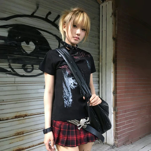 Imagen 2 del producto Karrram-Camiseta con estampado de grafiti japonés Y2k, camiseta de manga corta estilo Trashy 2000s, ropa de calle Vintage Harajuku Grunge American