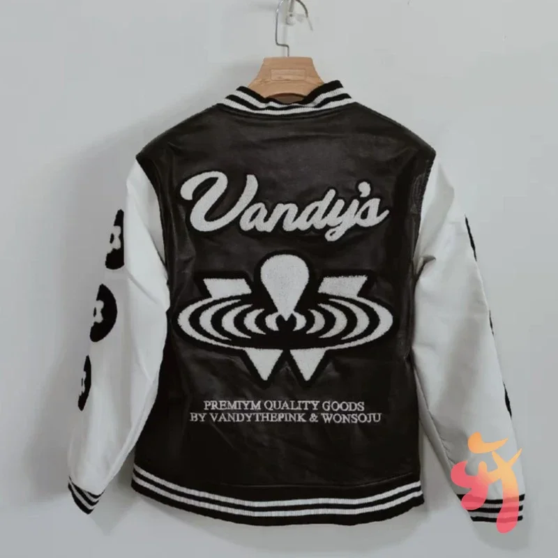 Winter Black Vandythepink Jackets Embroidered Letter Print Baseball Jersey Street Patchwork Sleeves PU Leather Coats Men Women