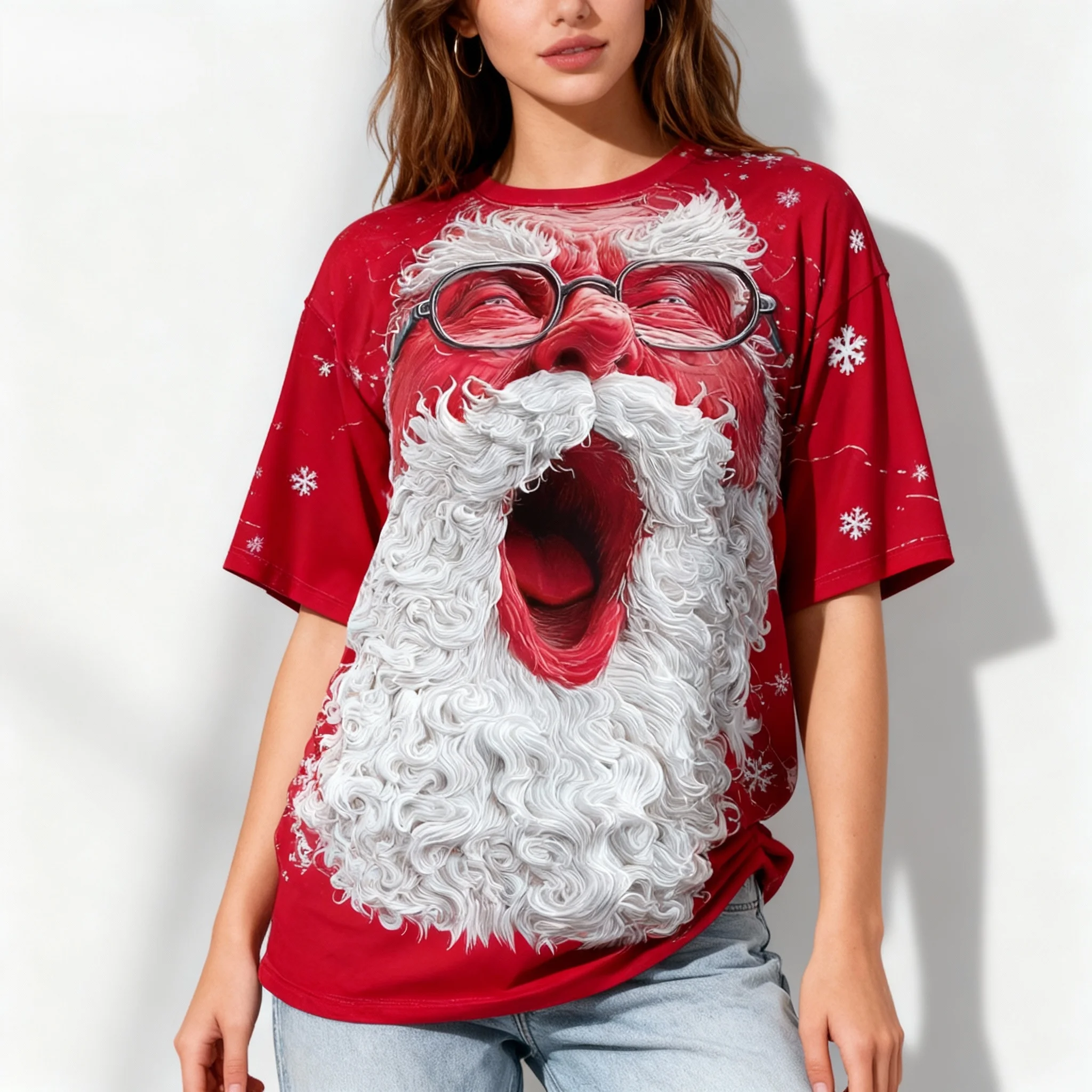 Popular Christmas 3D Parody Santa Claus T-shirt 3D Printed Round Neck Women's Adult Oversized Street Casual Daily Clothing
