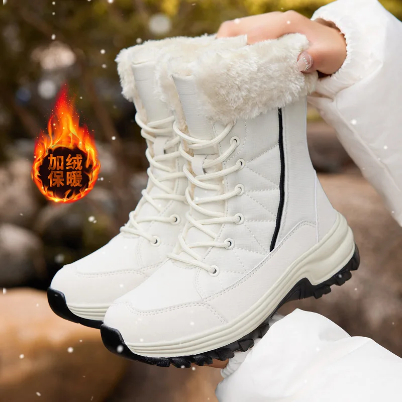 High quality mid calf leather snow boots for women new 2023 winter size 41 42 outdoor plush warm walking shoe - black white