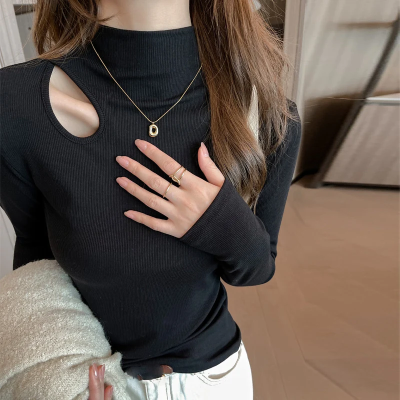 Pullover lavorati a maglia scavati sexy Primavera Autunno Donna Pullover a collo mezzo alto per donna T-shirt slim a maniche lunghe da donna
