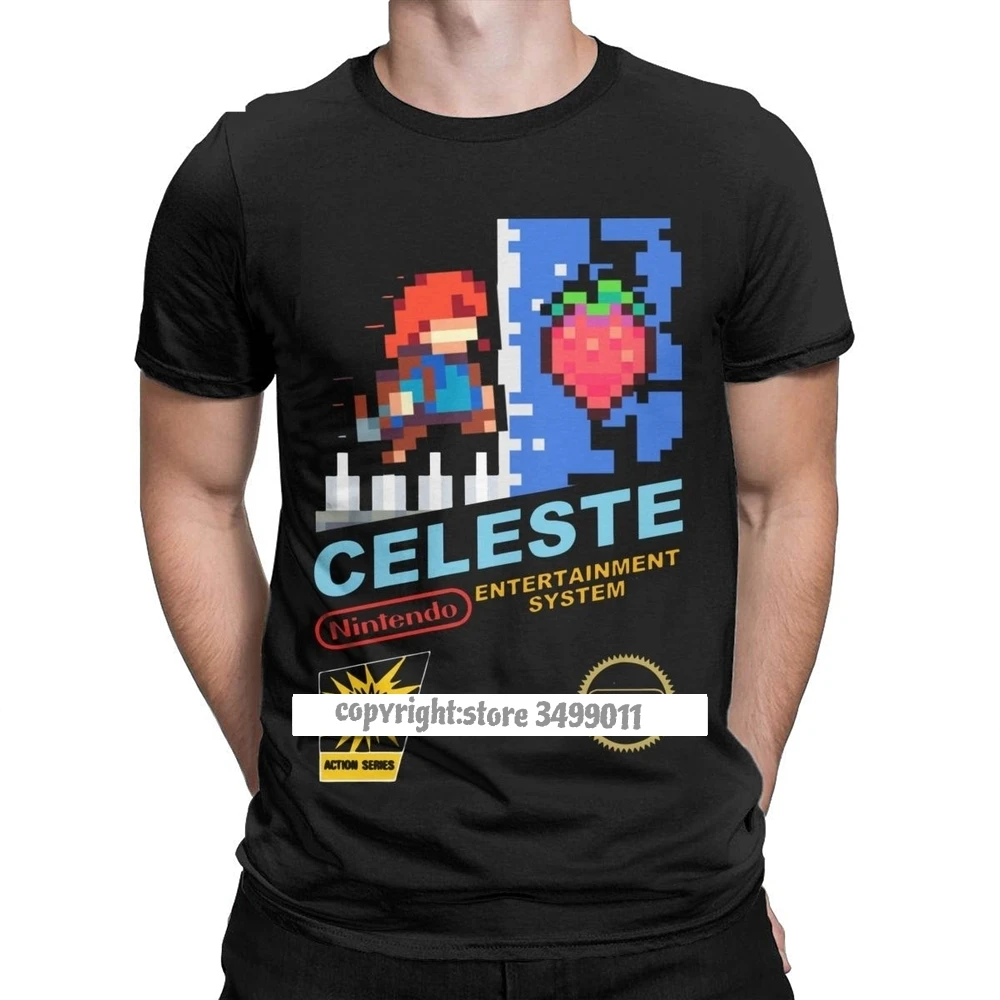 Celeste NES Cover Tee Shirts Men Madeline Pixel Video Game Strawberry Vintage Cotton Tee Shirt Crew Neck Tshirts Gift Tops