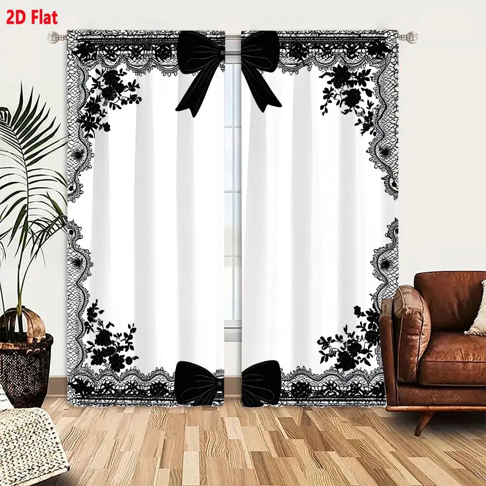 2Pcs Curtains Add 2D Flat Ornate Black And White Vintage Lace Border With Floral Filigree And Elegant Bows For Formal Invitation
