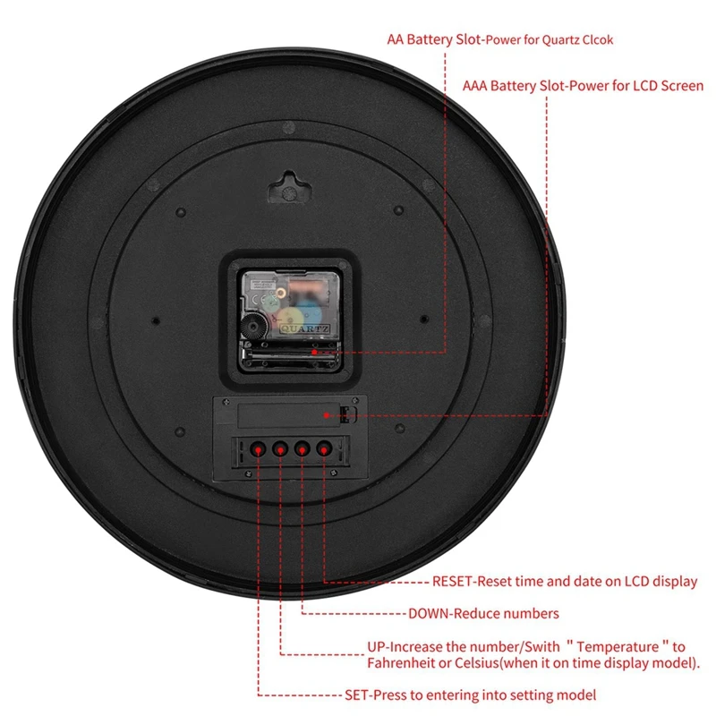 Digital Wall Clock With Time, Day Of Week And Temperature, Silent Non-Ticking Battery Operated Round Digital Wall Clock