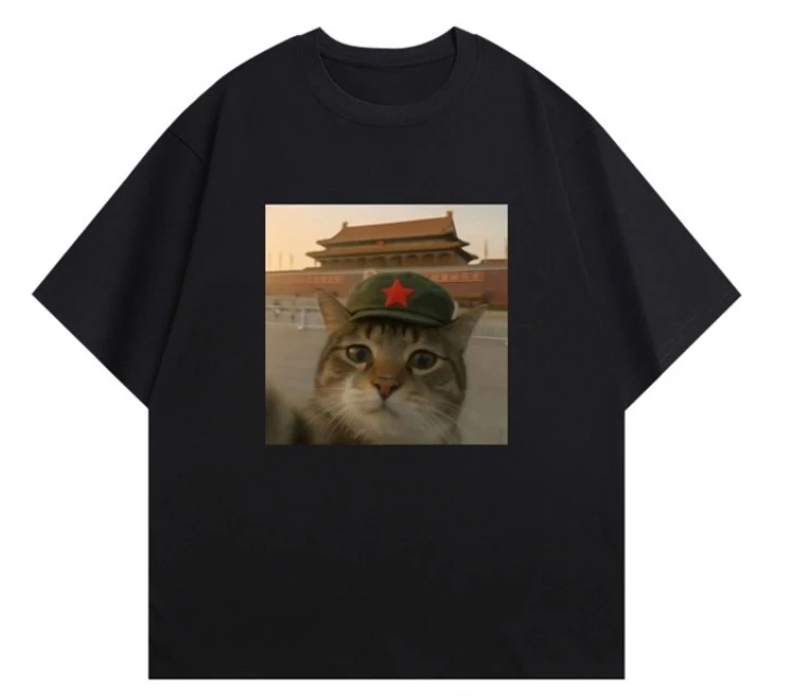 

Tiananmen Kitten 2025 Summer Fun Design, свободная футболка с короткими рукавами и круглым вырезом, подходящая для мужчин и женщин, универсальная
