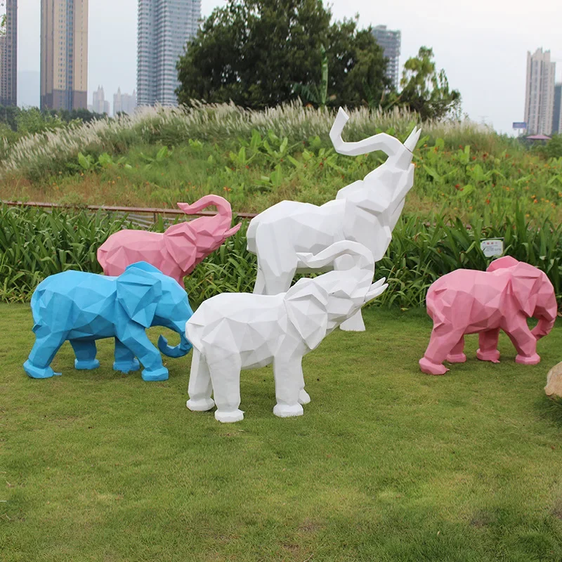 Escultura geométrica de fibra de vidro de elefante de piso grande paisagem de jardim