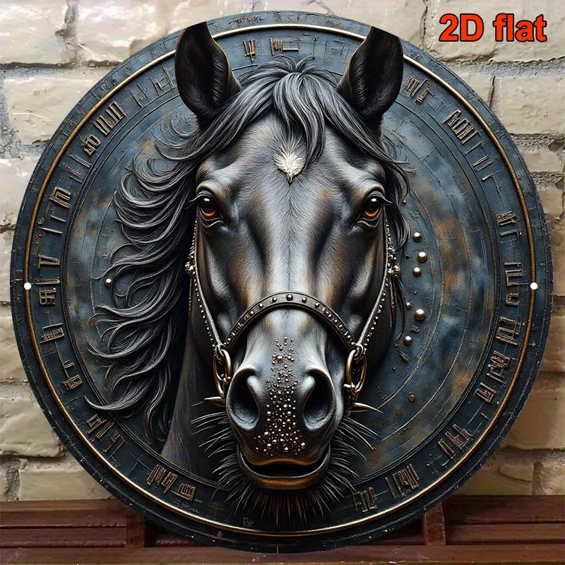 2D Flat printing 1pc Metal iron sign, Vintage Black Horse Head Portrait Plaque - Metallic Finish Wall Decor with Facial markings