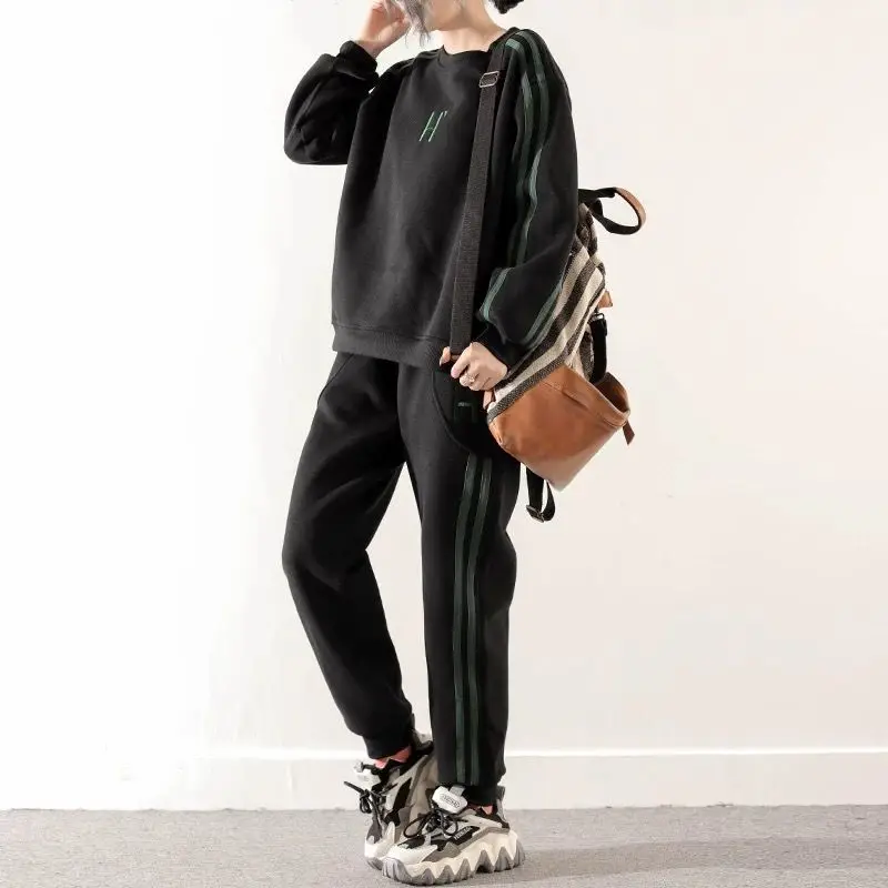 Autumn and Winter New Embroidered Striped Commuter Versatile Style Age Reducing Loose and Casual Two Piece Set