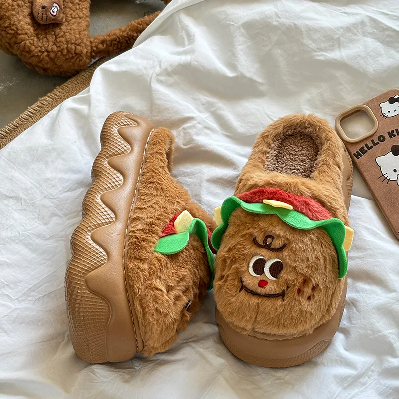 

New platform hamburger slippers women's fuzzy home mules shoes novelty indoor cloud slippers funny birthday gift woman slipper