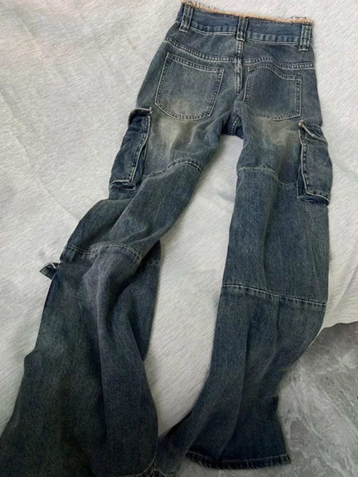 Jeans cargo vintage americani Pantaloni svasati con tasche grandi a vita alta da donna Cintura sfilacciata Streetwear Pantaloni in denim Harajuku Y2K