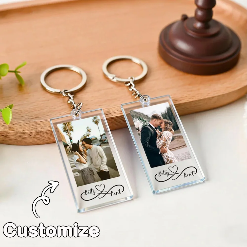 2D Flat Custom Couple Photo And Text Keychain, Personalized Acrylic Photo Keychain, Non-Precious Metal Plated, Anniversary Gift