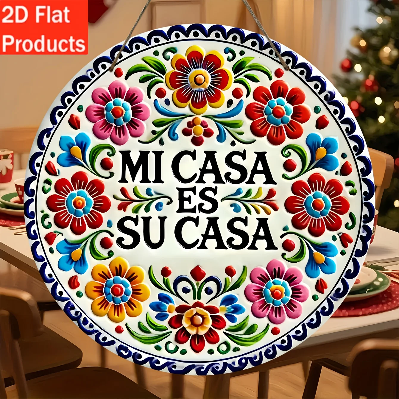2D Flat - A 2D Flat Design, One Wooden Wall Decoration in Spanish Saying 'Mi Casa Es Su Casa' - a Round Wall-Mounted Sign That T