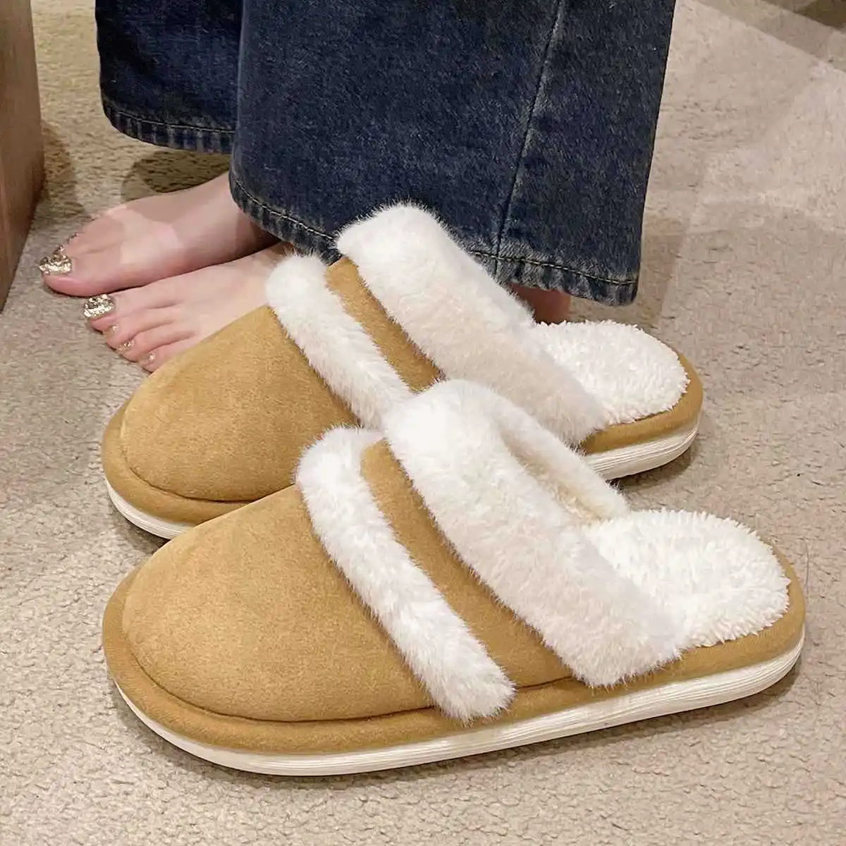 

jn Thick-soled cotton slippers for women 2024 new style outdoor wear autumn and winter warm non-slip fur slippers for women