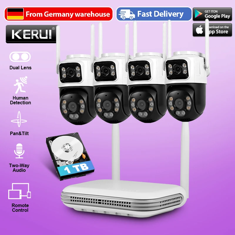 Kit NVR vidéo KERUI 8CH H.265, caméra CCTV étanche 6MP HD sans fil, double objectif PTZ WIFI IP, système de surveillance de sécurité domestique