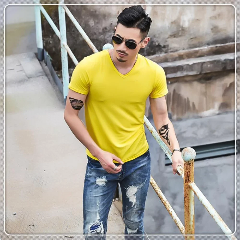 Summer Classic Knitted Comfortable Casual Basic Undershirt V Neck Men's T-Shirt Slim Fit Solid Color Short Sleeve Pullover Top