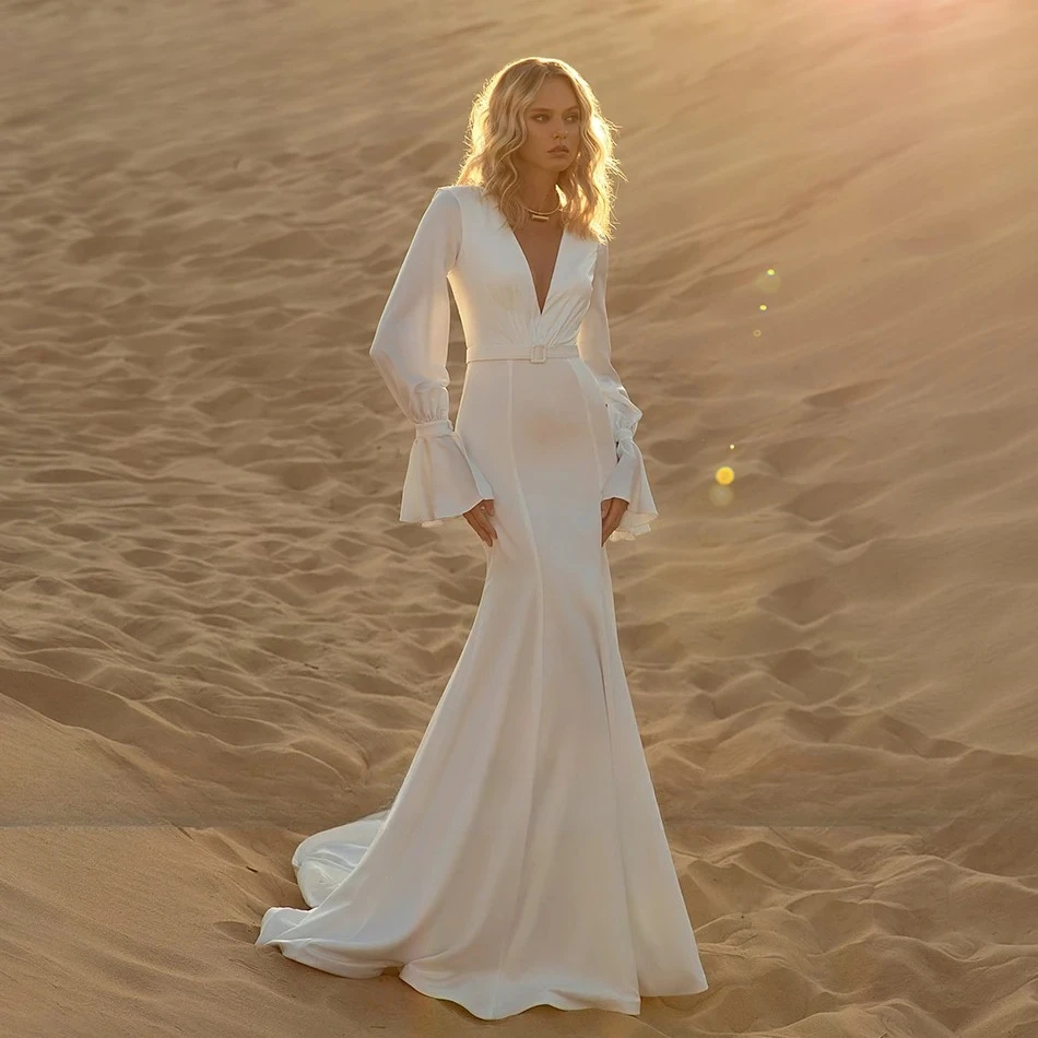 Customized Deep V Neck Full Sleeve Chiffon Mermaid Wedding Dress Pleat Sweep Train Flowy Bridal Gown Vestidos Bride Ceremony