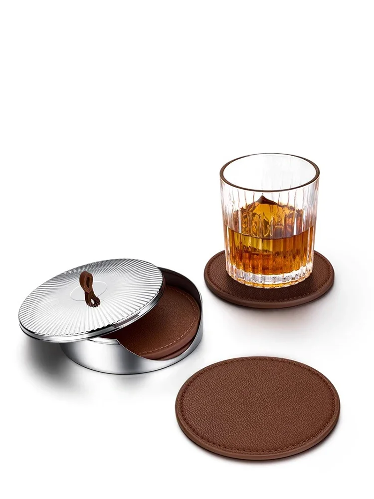 4PCs Luxury Leather Coaster with Stainless Steel Container Premium Round Coasters for Home Decoration Table Office Kitchen