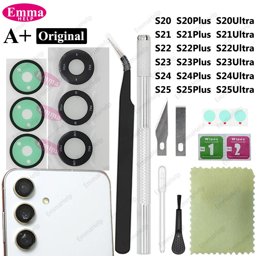 1set Original Camera Glass for Samsung S25 S24 Ultra S23 S22 S21 S20 Plus with Adhesive Camera Lens Repair Tools Cleaning