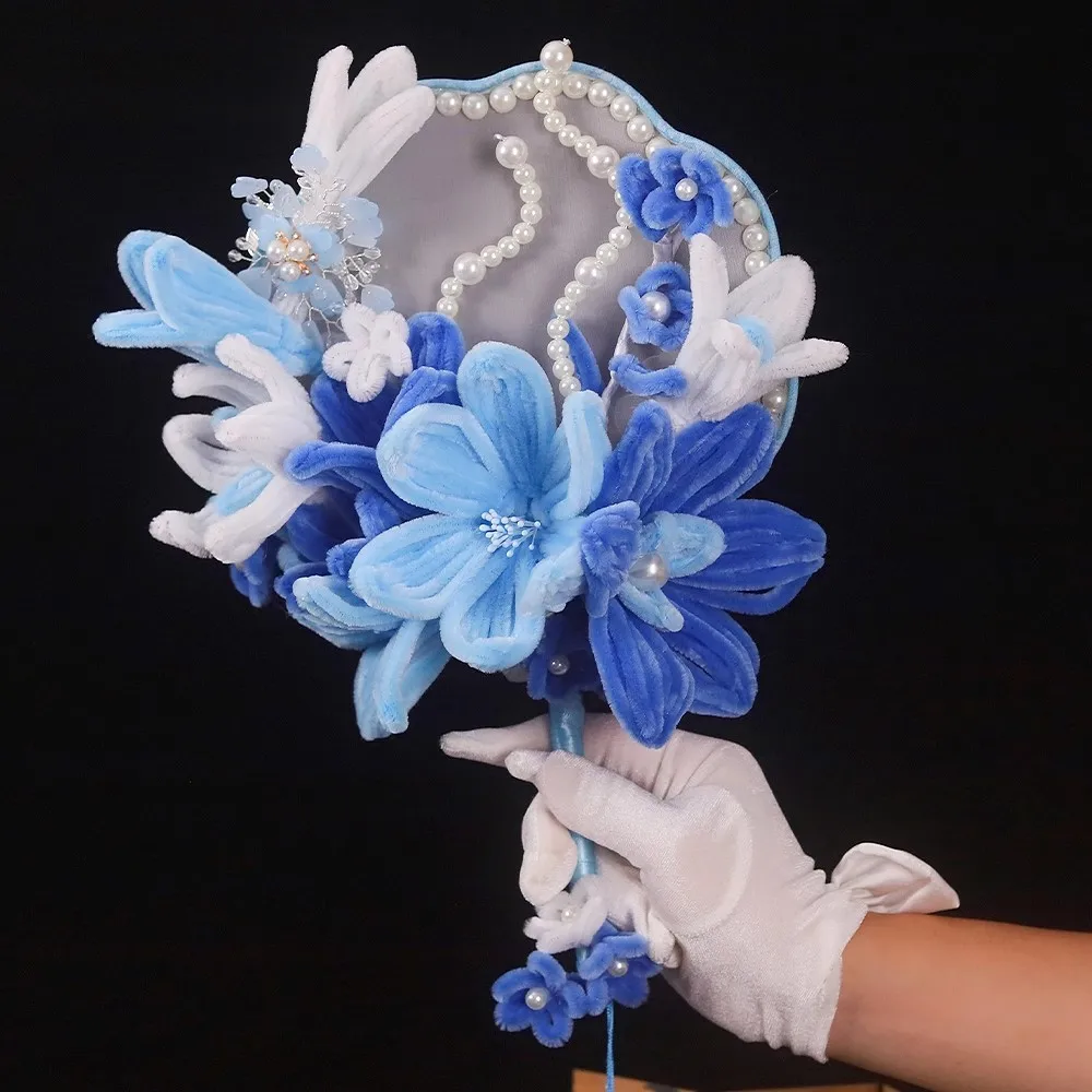 JaneVini Newest Design Blue Velvet Flowers Bridal Fan Chinese Style Bride Wedding Bouquet Pearl Tassel Hanfu Photography Props