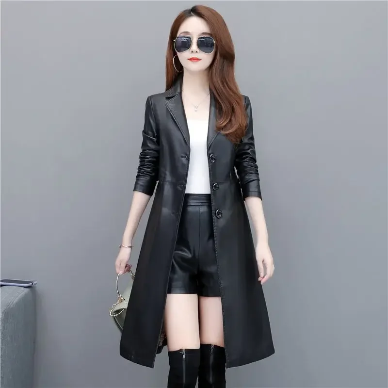 2023 Top Compound lambskin leather jacket Free wash PU women clothing trench Long faux fur coat streetwear casaca para mujer