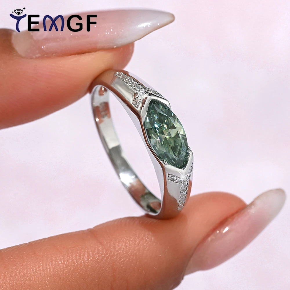 

TEMGF 5*10mm Green Marquise Cut Moissanite Ring Fine Vintage 925 Silver Ring for Women Men Party Shiny Jewelry With Certificate