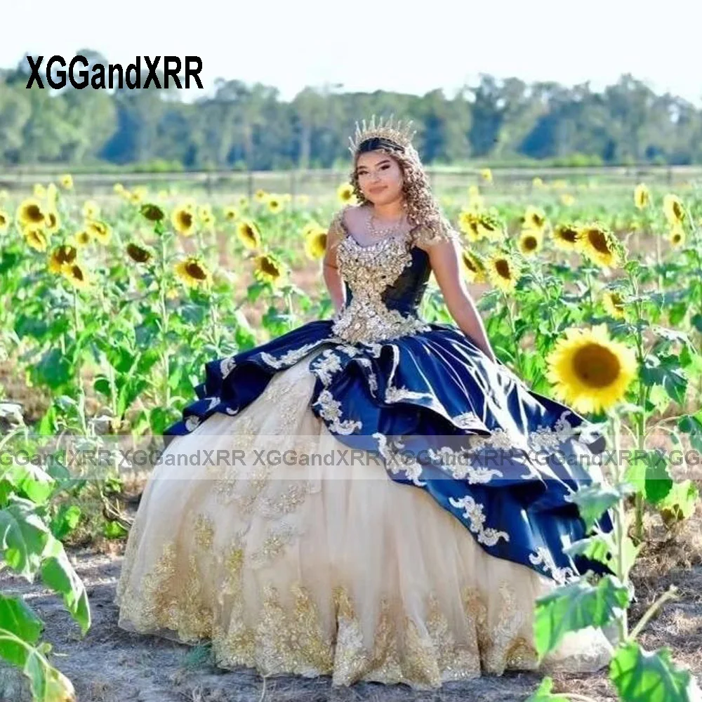 Vestido De baile azul champán para Quinceañera, traje De princesa dulce 16, apliques dorados, Vestido mexicano De Quinceañera, capa De 15, 2024