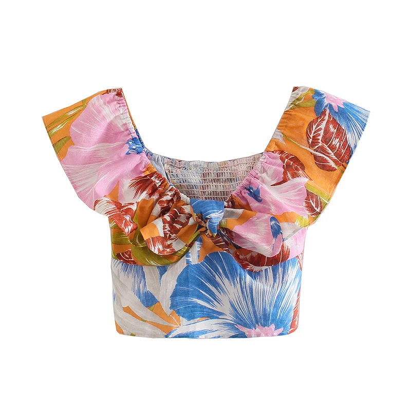 SIYANG Vintage Sweet Print Cropped Tops Women Back Elastic Slim Ruffles Tops Girls Casual Outfits