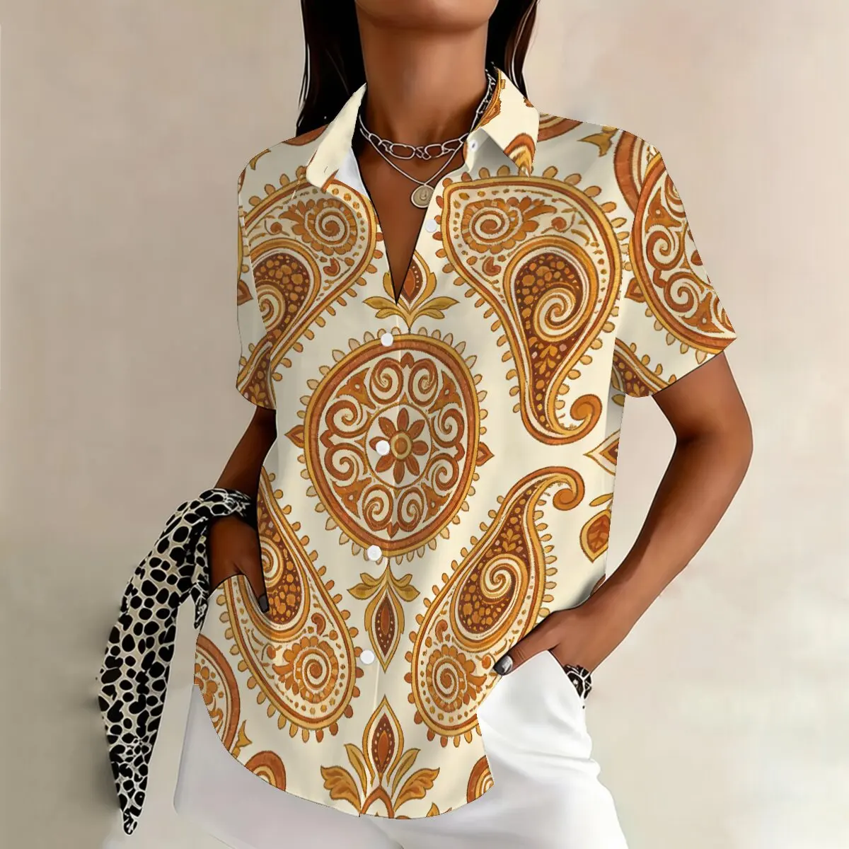 

Модная женская летняя рубашка больших размеров с принтом и отложным воротником, винтажная, непринужденная, но элегантная, идеально подходит для офиса и повседневной носки, а также для отпуска.