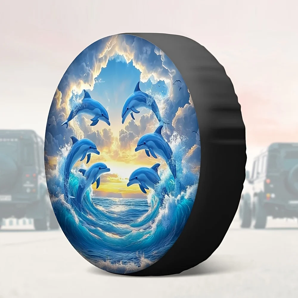 1pc Dolphin Tire Protection Cover - Fit, Vibrant Ocean Sunset Design With Leaping Dolphins, Durable Fabric For Parking Lots & Ou