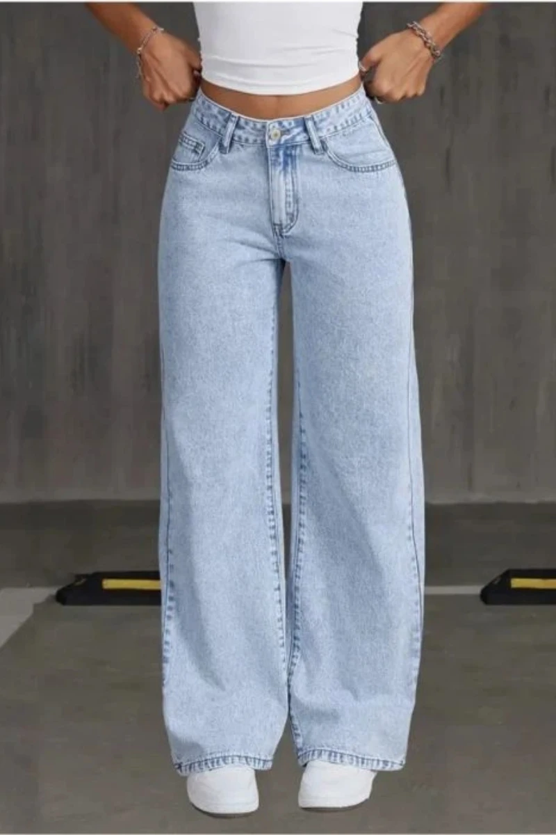 جينز نسائي Y2k جينز عالي الخصر ريترو واسع الساق 2025 خريف جديد مستقيم فضفاض مناسب بنطلون مريح قابل للتمدد للتخسيس