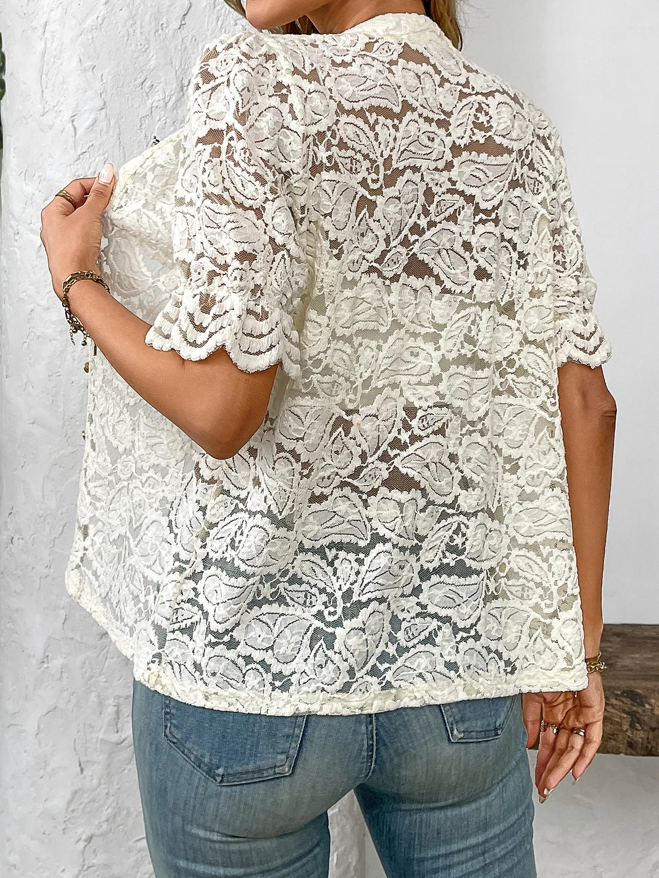 Women's Solid Color Floral Lace Button Down Blouse Casual Round Neck Short Scalloped Ruffle Sleeves Shirt Summer Fashion Outfit