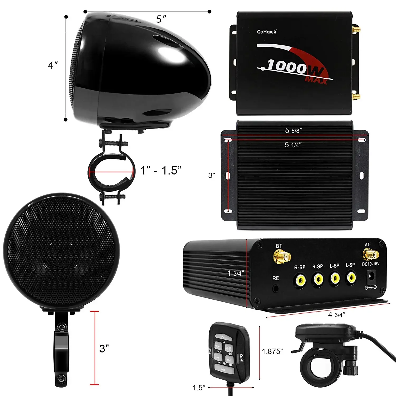 Aileap 1000W Motorcycle Audio 4CH Amplifier Boat Speakers System, Support Bluetooth, USB, AUX, FM Radio, SD Card, Wired Control image 4