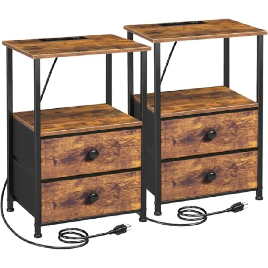 

Night Stand Set 2 Nightstand with Charging Station End Tables with Storage Shelf for Small Spaces Bedside Table Side Tables wit