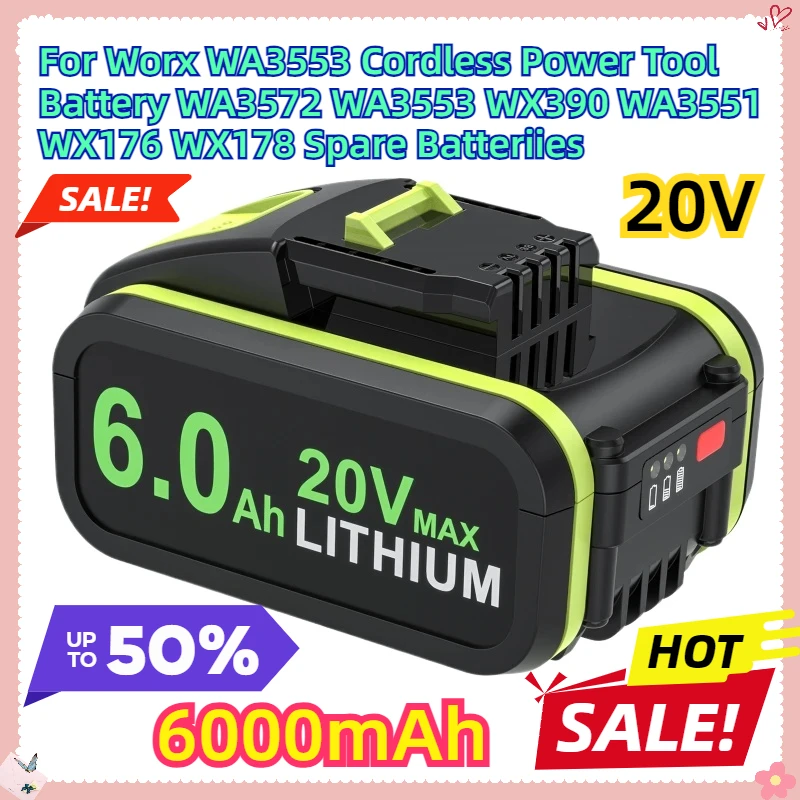 For Worx WA3553 20V Cordless Power Tool Battery WA3572 WA3553 WX390 WA3551 WX176 WX178 Spare Batteriies 6000mAh Battery