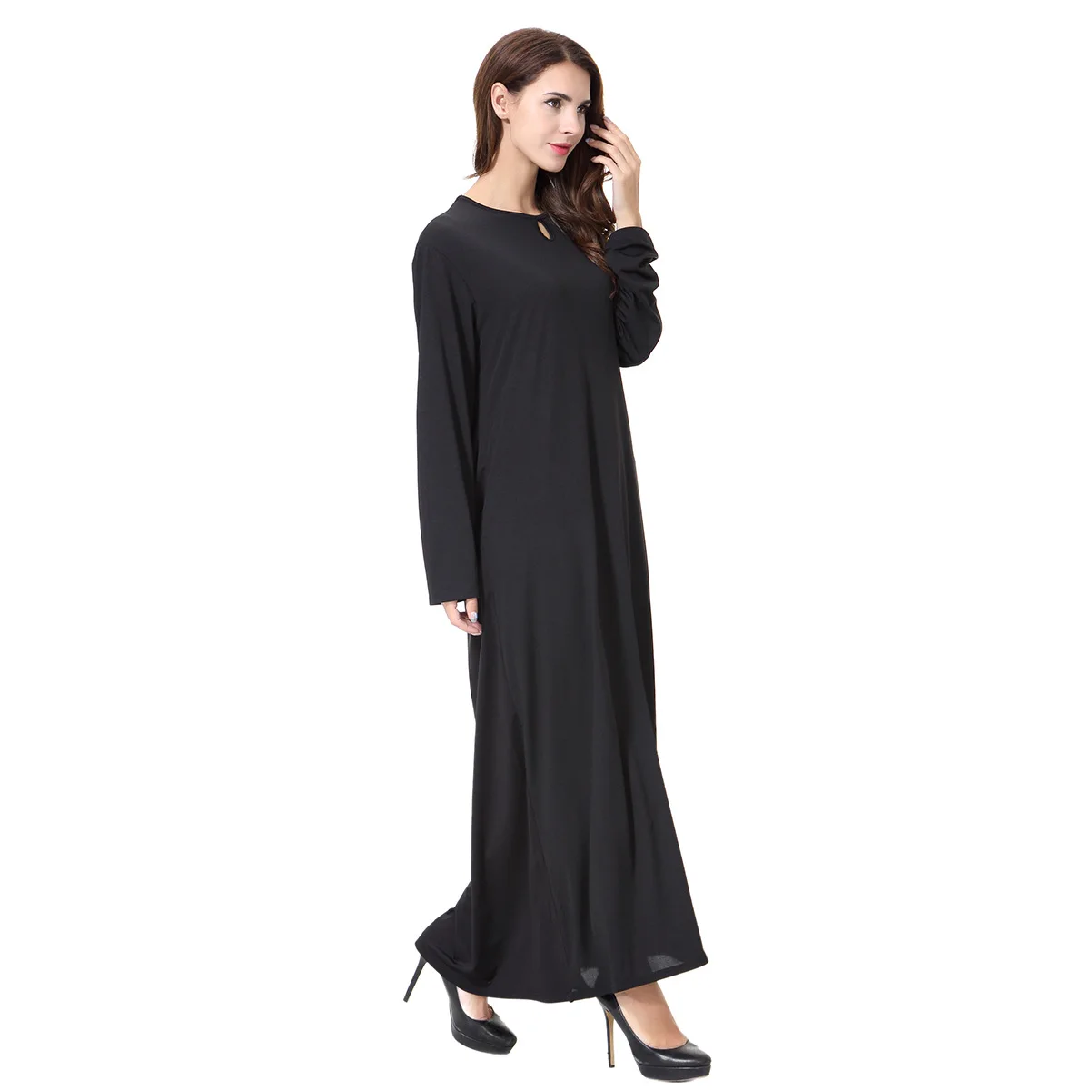 Pure Color Long Dr Overhead Sle for Women Middle Waist Large Hem Swing Skirt Traditional Arab Dr for Autumn Season