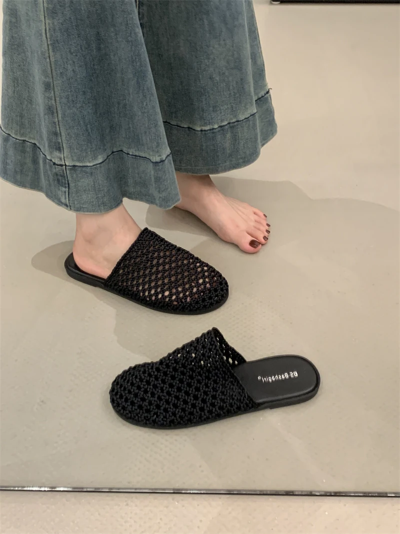 

Hollow Woven Round Women's Sandals Summer 2025 New Fashion Leisure Style Flat Heel Outer Wear Half Slippers Woman Muller
